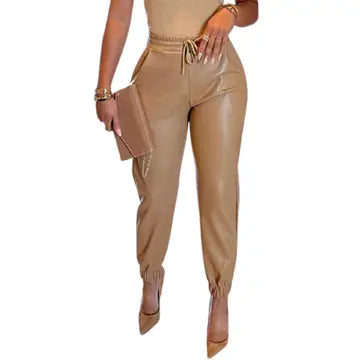 Women's Solid Color Faux Leather Drawstring Pants