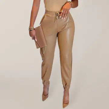 Women's Solid Color Faux Leather Drawstring Pants
