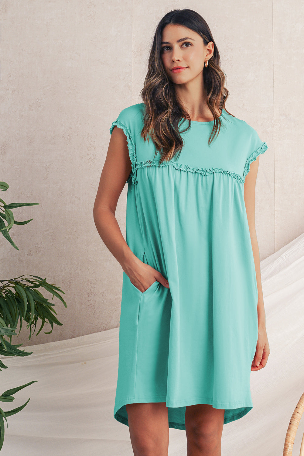 Mint Green Frilled Trim Crewneck Loose Fit Mini Dress