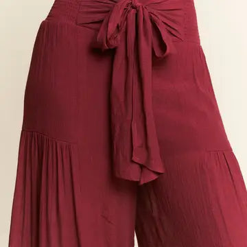 Tie Front Ruched Waist Back Pants