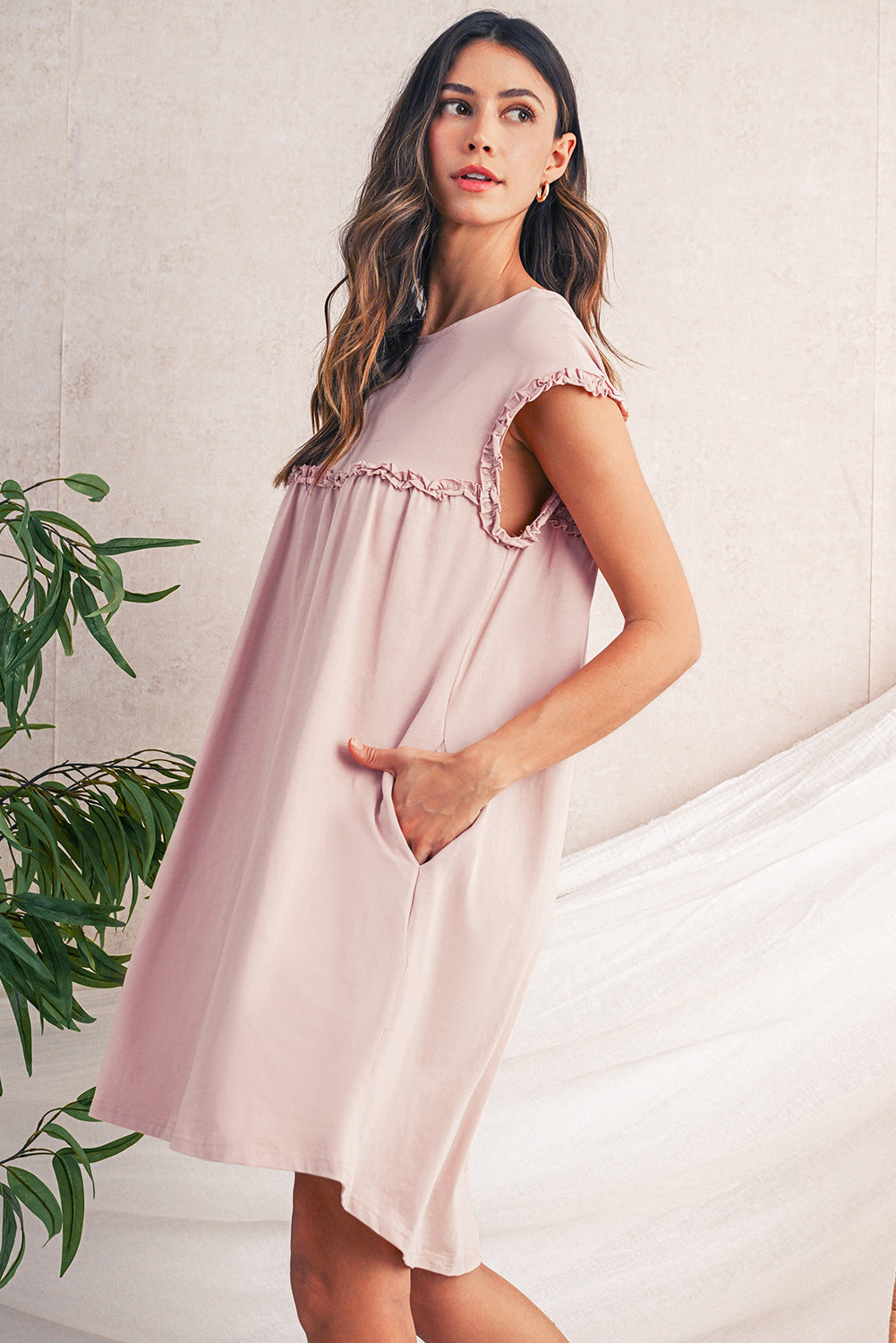 Mint Green Frilled Trim Crewneck Loose Fit Mini Dress