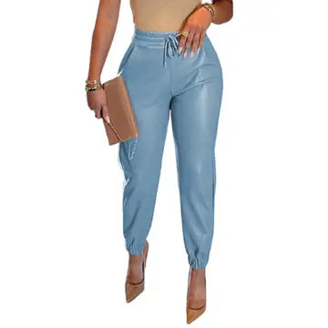 Women's Solid Color Faux Leather Drawstring Pants