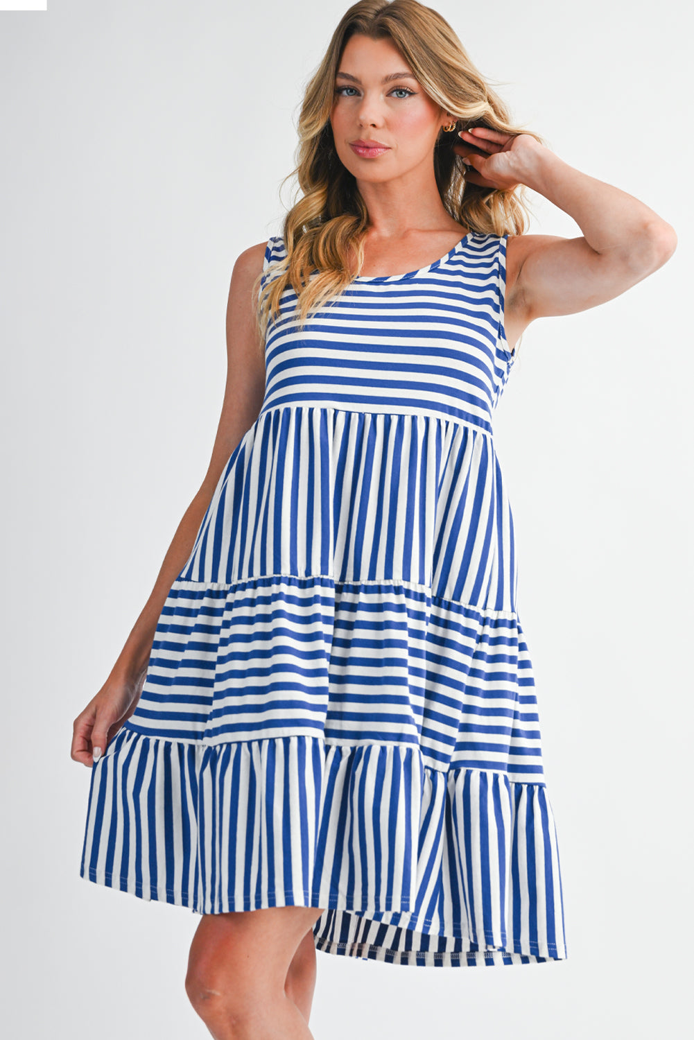 Sky Blue Striped U Neck Sleeveless Loose Fit Mini Dress