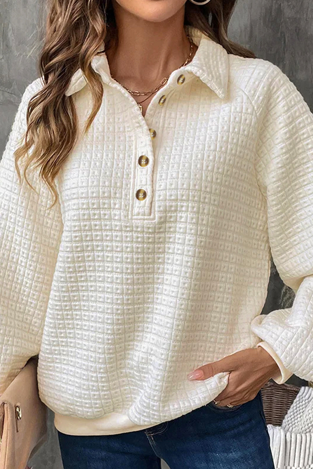 Beige Balloon Sleeve Casual Collared Button Sweatshirt