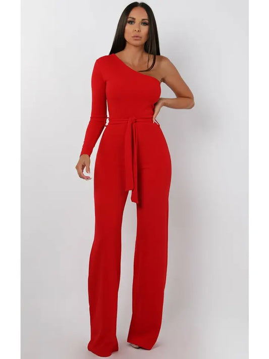 Red Belted One Shoulder Jumpsuit