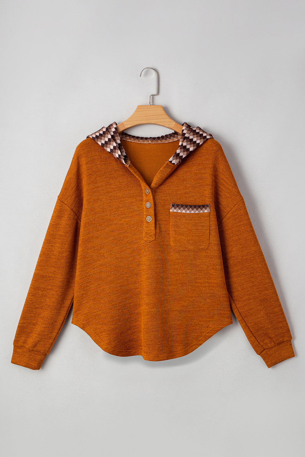 Straw Yellow Contrast Plaid Hooded Patchwork Pocket Henley Top