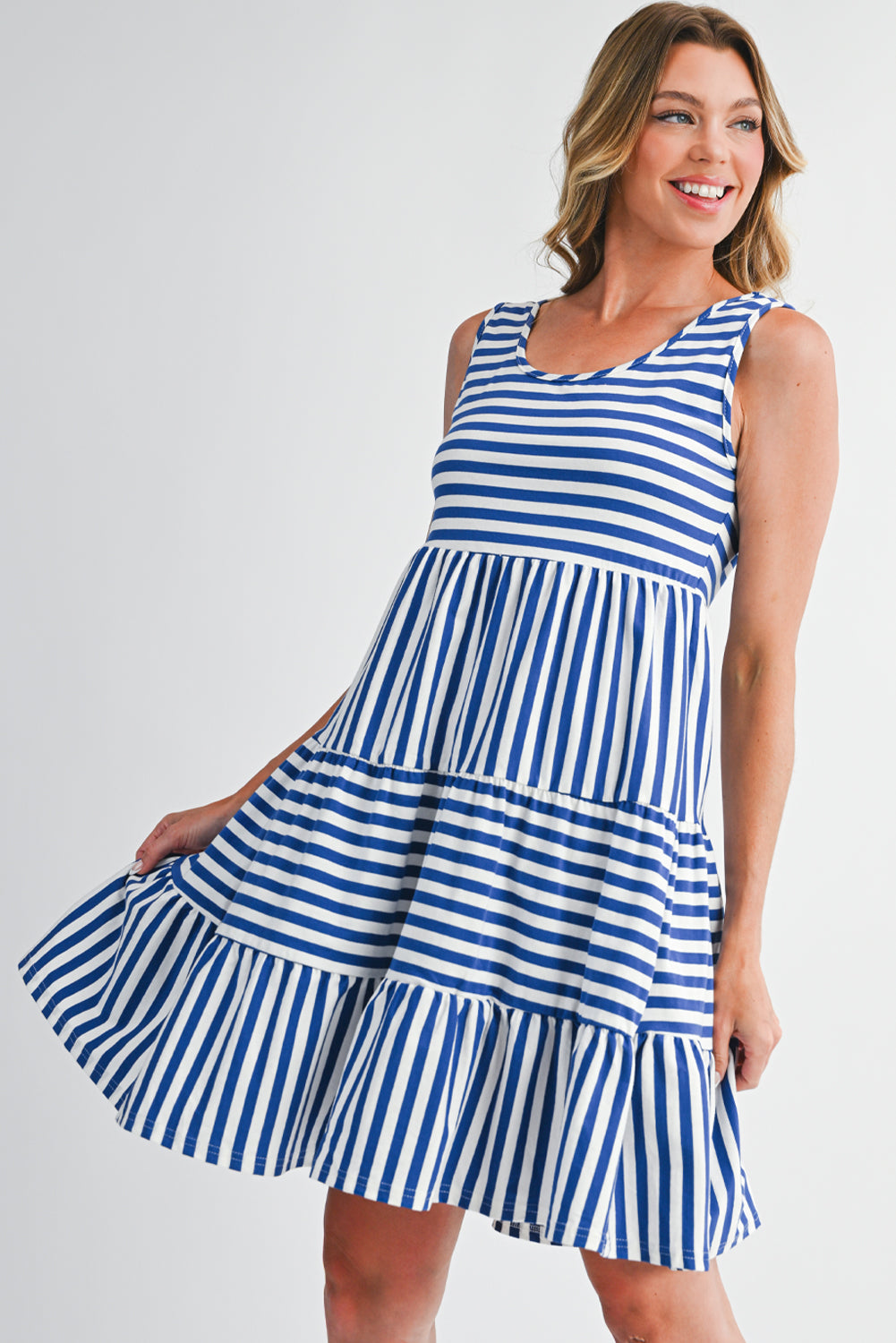 Sky Blue Striped U Neck Sleeveless Loose Fit Mini Dress