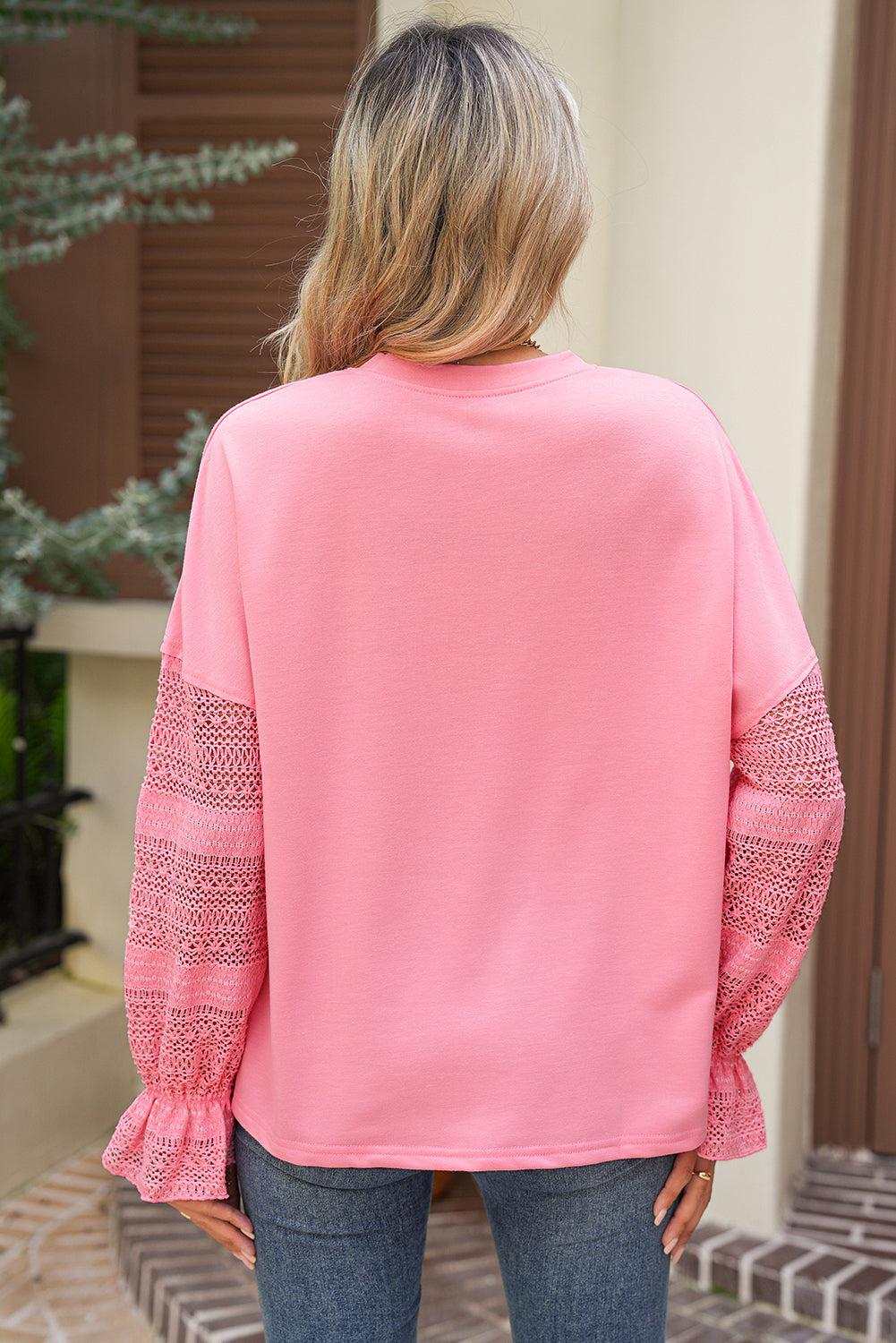 Sachet Pink Lace Patchwork Sleeve Loose Sweatshirt