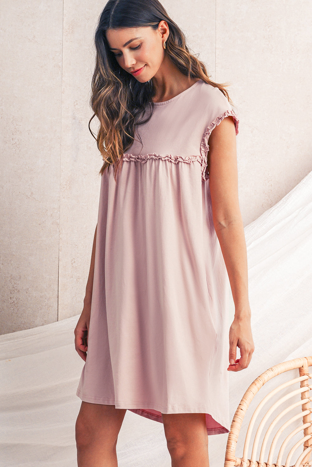 Mint Green Frilled Trim Crewneck Loose Fit Mini Dress