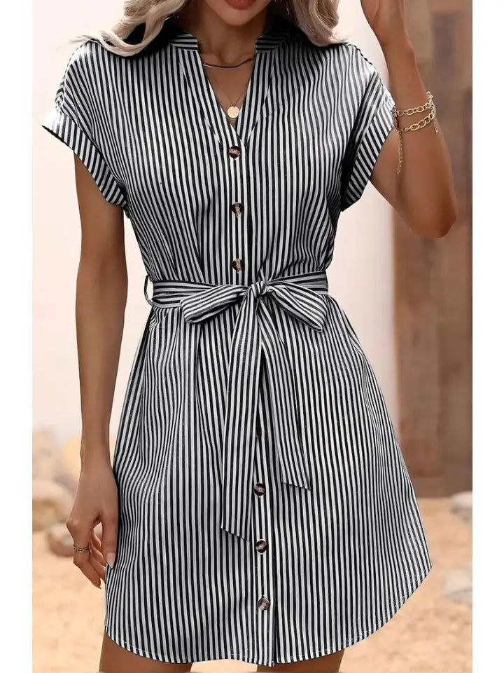 Striped Cotton Shirt Dress Short Sleeves