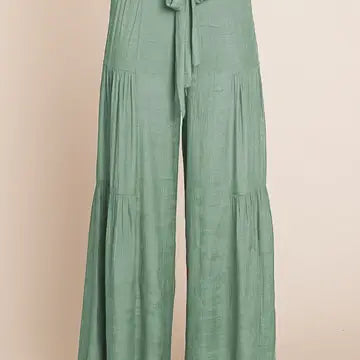 Tie Front Ruched Waist Back Pants