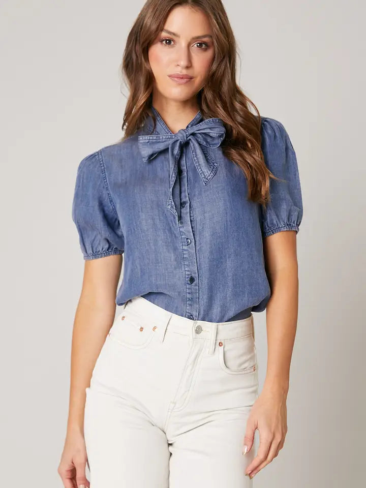 Georgina Chambray Button Front Bow Top
