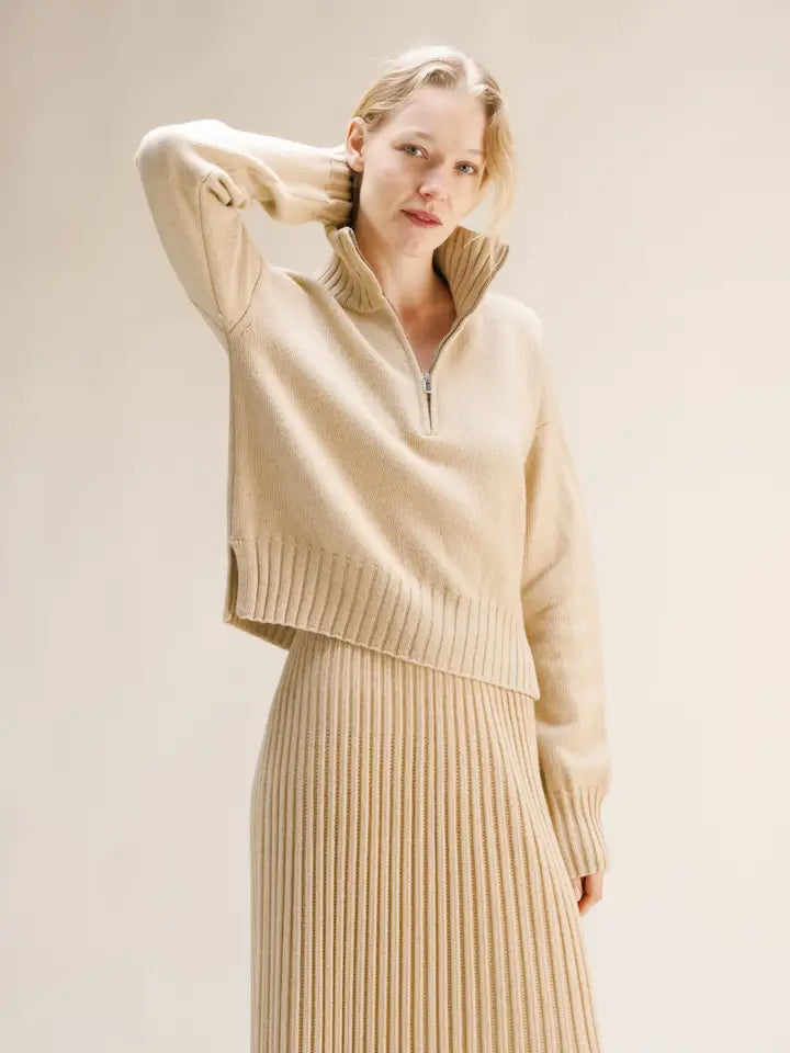 Maglione Corto A Collo Alto Con Zip in Misto Cashmere