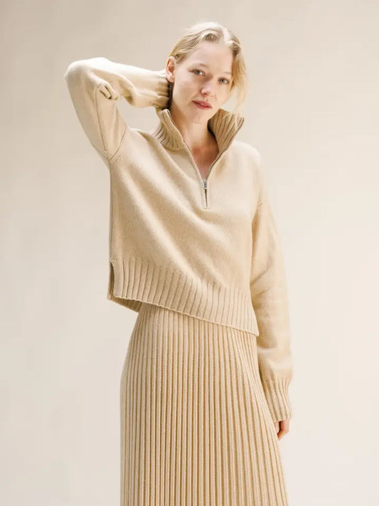 Maglione Corto A Collo Alto Con Zip in Misto Cashmere
