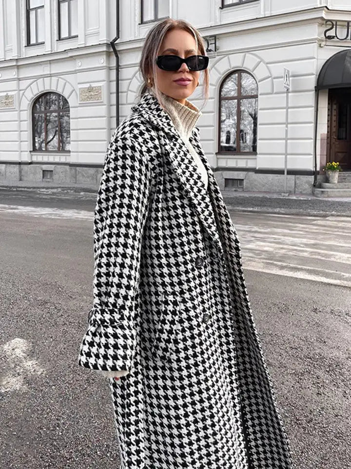Elegant Thousand Bird Check Longline Trench Coat