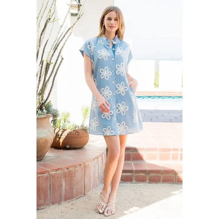 Embroidered Ruffle Collar Cap Sleeve Dress