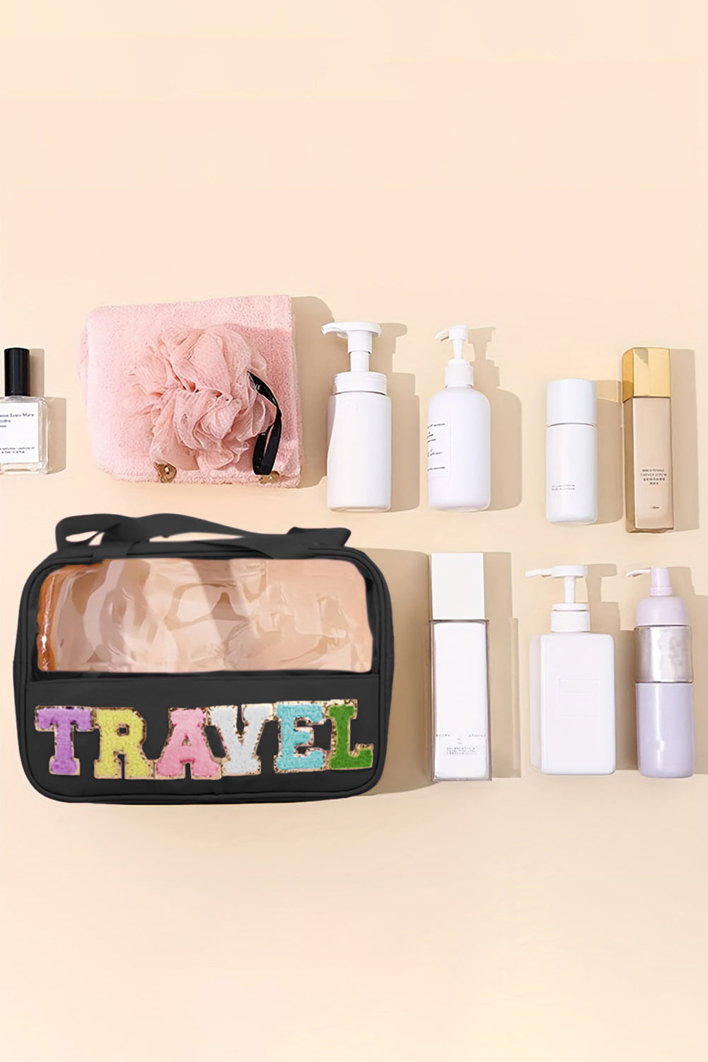 Parchment TRAVEL Letter Print Clear PVC Makeup Bag