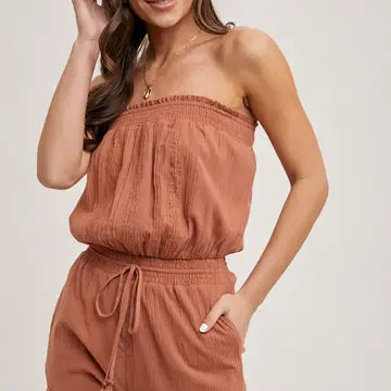 Smocked Tube Top Ruffled Hem Drawstring Romper