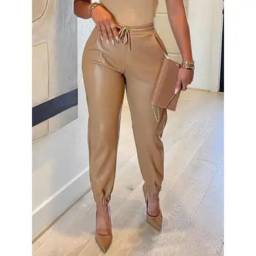 Women's Solid Color Faux Leather Drawstring Pants