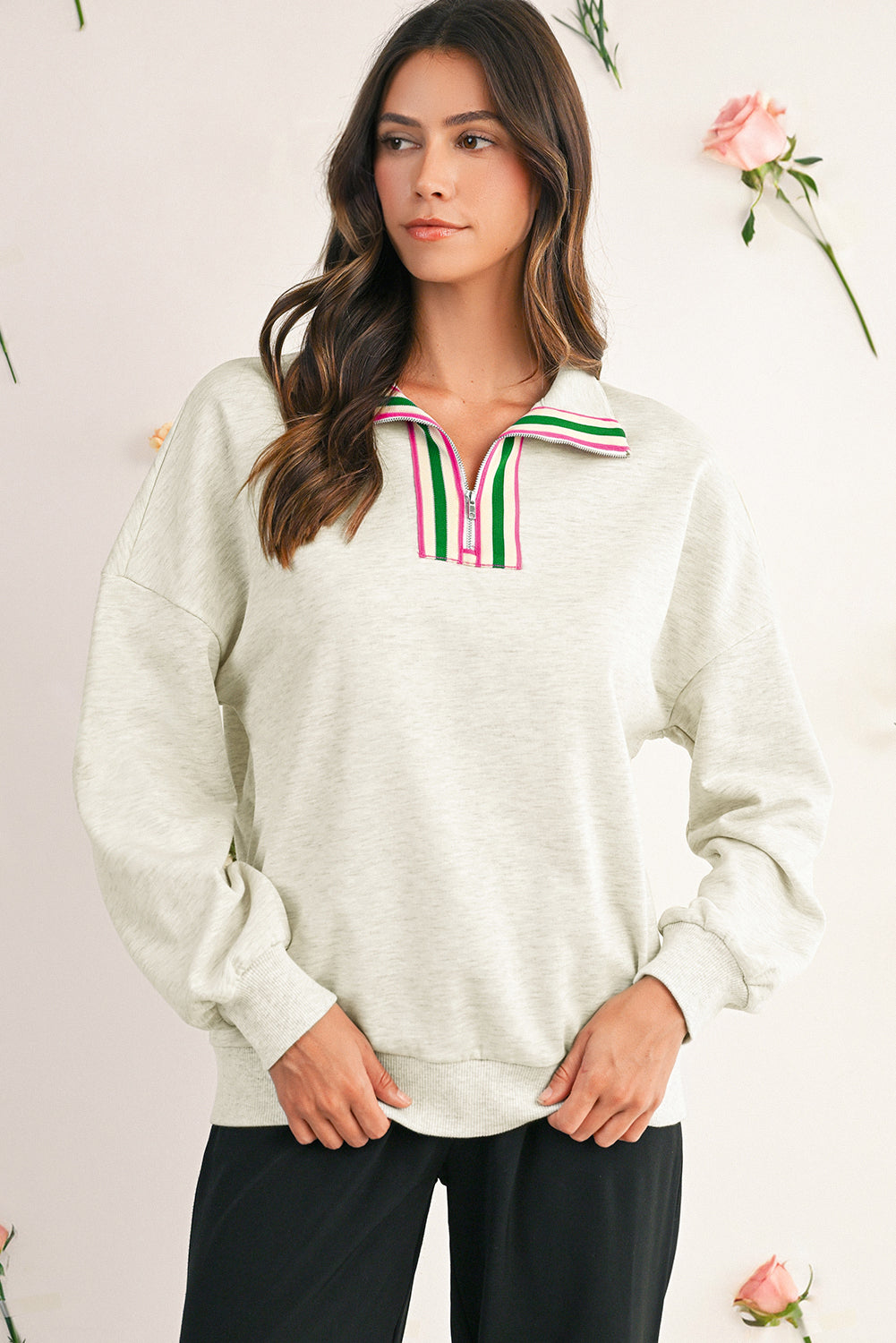 Vineyard Green Pop of Color Collared Patchwork Pullover Sweatshirt